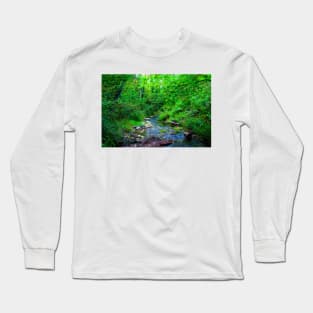 Scenery in Sarnano near Pozze dell'Acquasanta with waters, rocks, musk, greenery, trees, crowns Long Sleeve T-Shirt